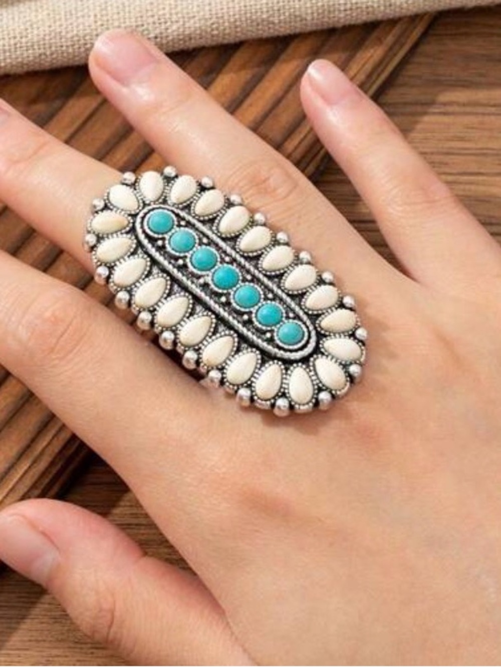 Western Ring Turquoise and Cream Oval Statement Ring Bohemian Ring Cowgirl Ring